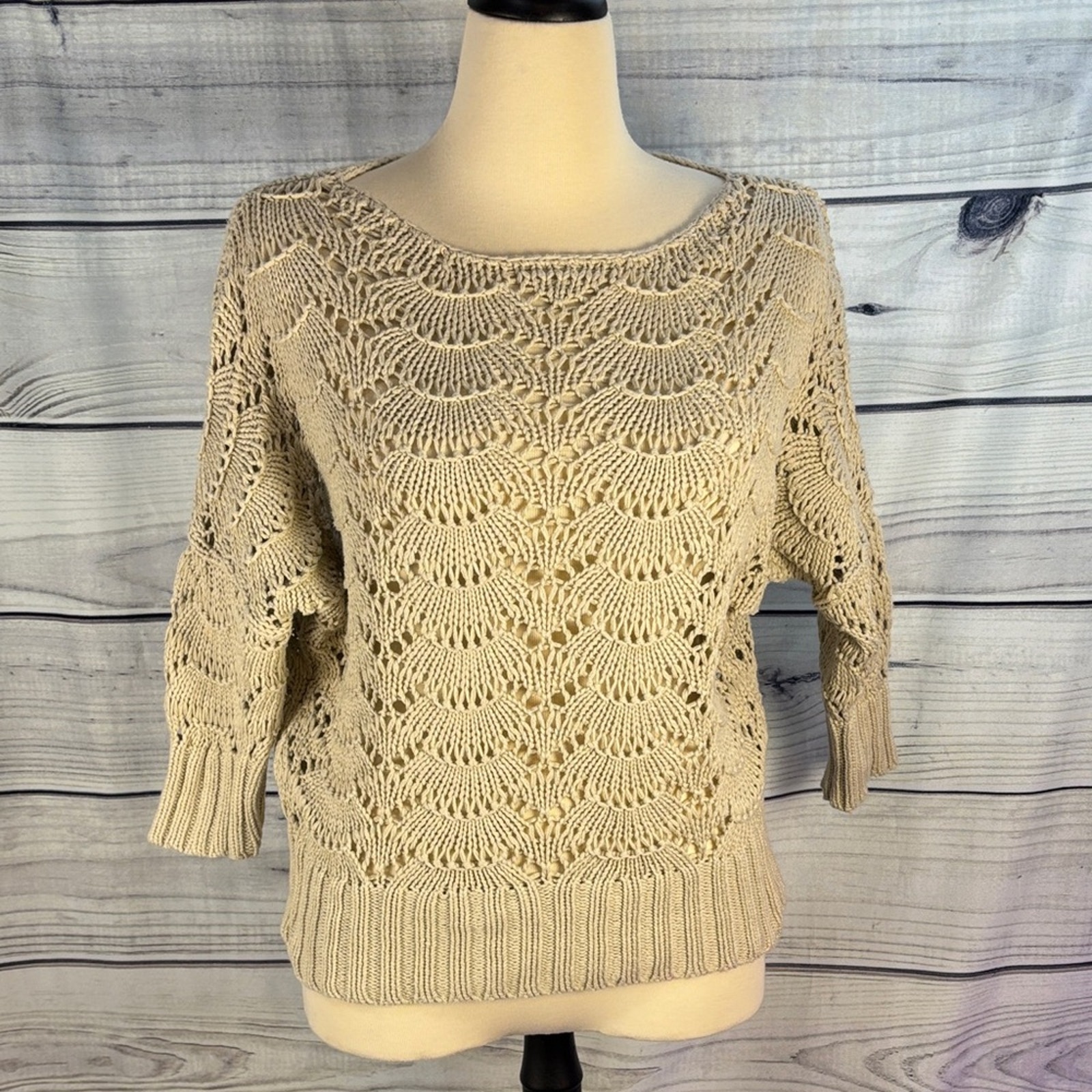 Loft Cream Textured Knit Sweater 100% Cotton